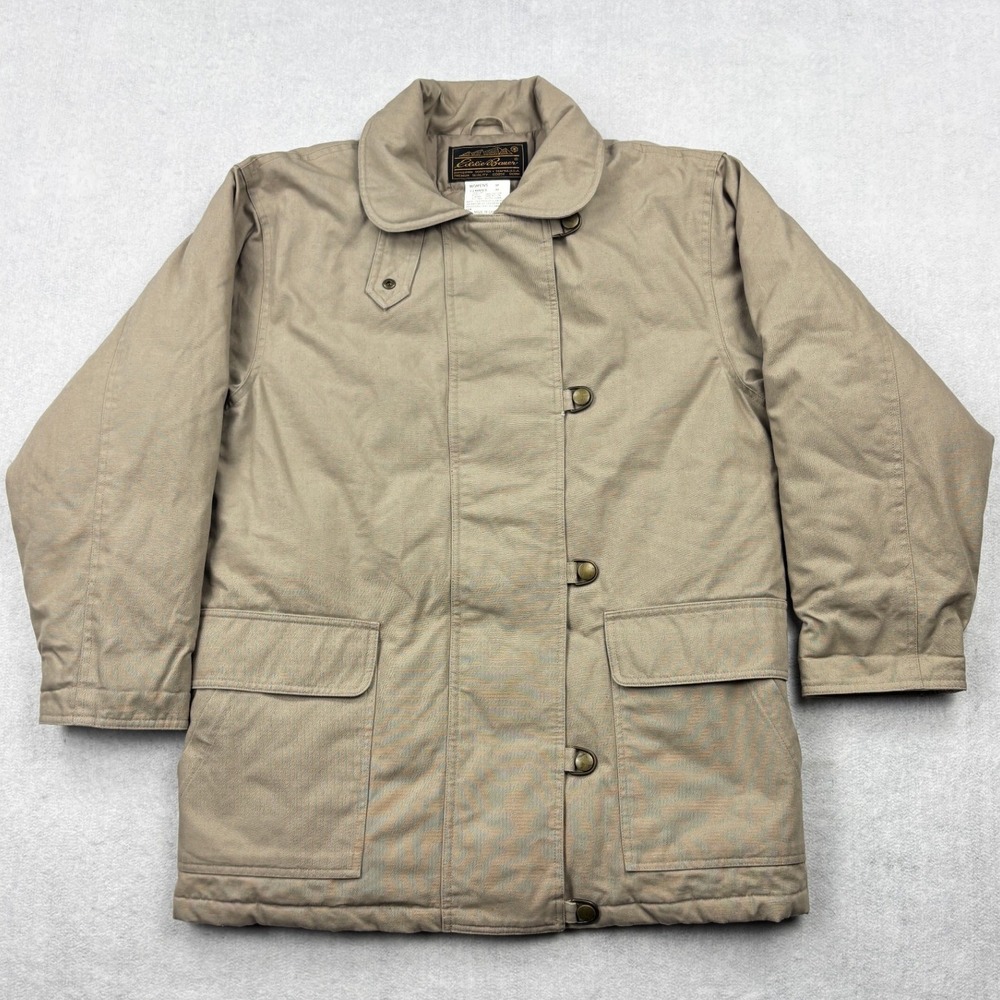 Eddie Bauer Goose Down Jacket Womens M Khaki Tan Canvas Chore Barn Coat Vintage